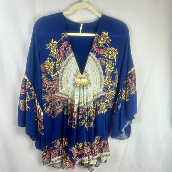 Free People Sunset Dreams Blouse Women XS Blue Flare Ruffle Sleeves Floral Boho - Picture 2 of 11